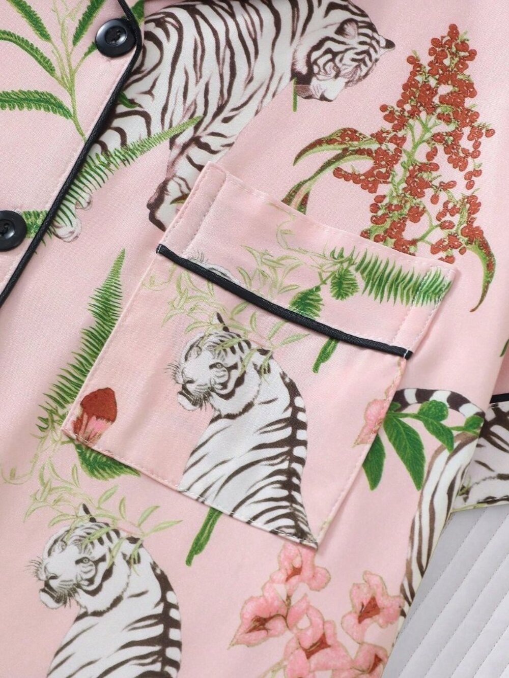 Pink Floral Tiger Print Women's Pajama Short Sleeve Collared Top and Shorts set - Picture 5 of 8